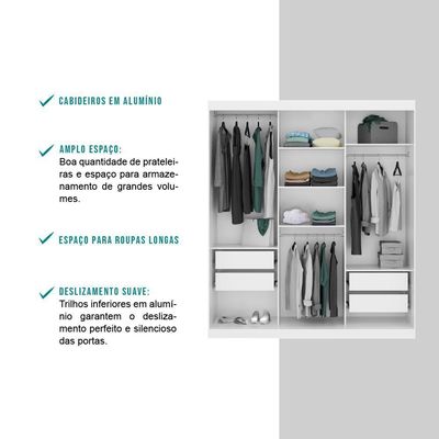 Guarda Roupa Solteiro 3 Portas 4 Gav 2 Espelhos Branco