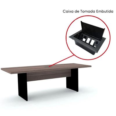 Mesa De Reunião Com Caixa De Tomada Retangular 200 X 90 Cm Pé Painel Pe40 Em Mdp Walnut Base Preta