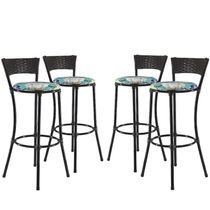 Jogo Com 4 Banquetas Alta Forts Fibra Uv Bancada, área Goumert, Bar, Piscina, Balcão, Floral Azul