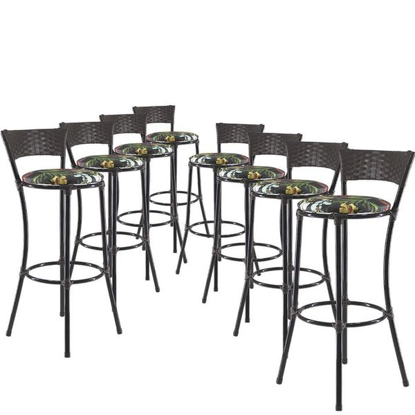 Kit Com 8 Banquetas Altas Forts Preto Floral, Fibra Uv Bancada, área Goumert, Bar, Piscina, Balcão