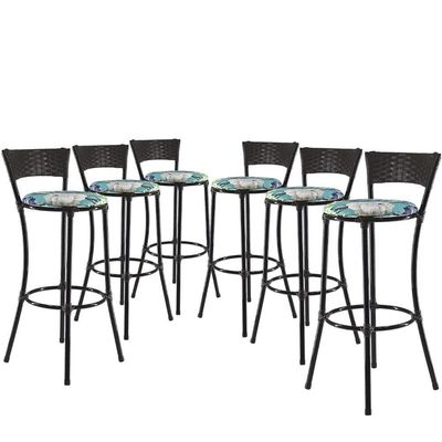 Kit Com 6 Banquetas Alta Forts Fibra Uv Bancada, área Goumert, Bar, Piscina, Balcão, Floral Azul