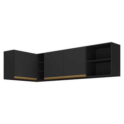 Kit Armário De Cozinha Aéreo Canto 90cm E Aéreo 150cm Veneza Multimóveis Mp2149 Preto-dourado