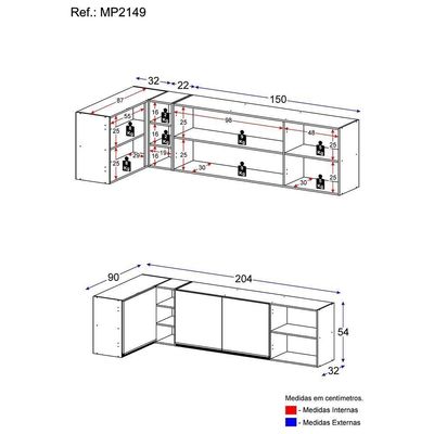 Kit Armário De Cozinha Aéreo Canto 90cm E Aéreo 150cm Veneza Multimóveis Mp2149 Preto-dourado