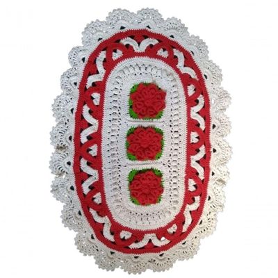 Tapete De Crochê Oval 3 Flores Artesanal