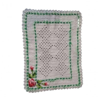 Tapete De Crochê Branco Com Flor Artesanal