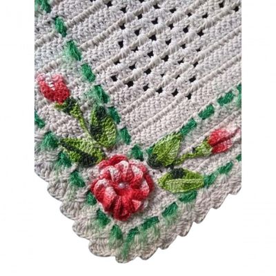 Tapete De Crochê Branco Com Flor Artesanal