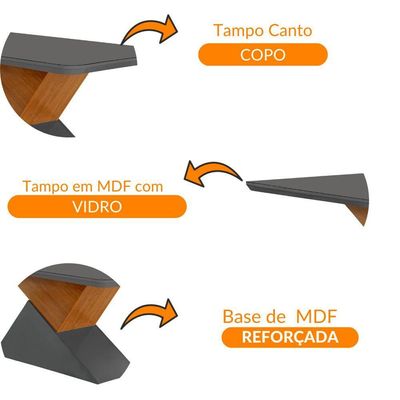 Mesa Aster 180cm Com Tampo Em Mdf E Vidro Canto Copo Grafite/ Imbuia/ Serig. Grafite