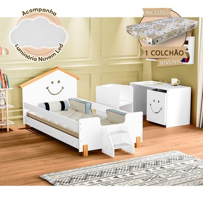 Cama Com Colchão Juvenil Smile Infantil Alegra Branca E Amêndoa + Luminária Led Branco