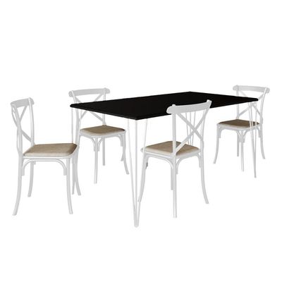 Conjunto De Mesa Elen Retangular 140X80Cm Preto Com 4 Cadeiras Katrina Branca Assen - Preto