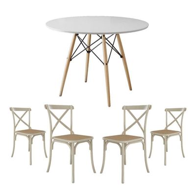 Conjunto De Mesa Eiffel Redondo Tampo De Madeira 90Cm Branco Com 4 Cadeiras Katrina Off White