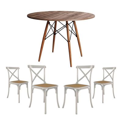 Conjunto De Mesa Eiffel Redondo Tampo De Madeira 90Cm Amêndoa Com 4 Cadeiras Katrina Branca Assento