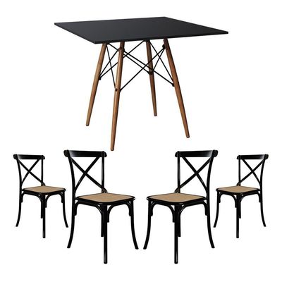 Conjunto De Mesa Eiffel Quadrado Tampo De Madeira 90Cm Preto Com 4 Cadeiras Katrina Preto