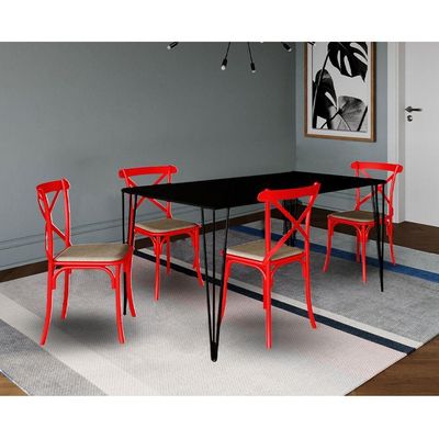 Conjunto De Mesa Elen Retangular Tampo De Madeira 140X80Cm Preto Com 4 Cadeiras Katrina Vermelha