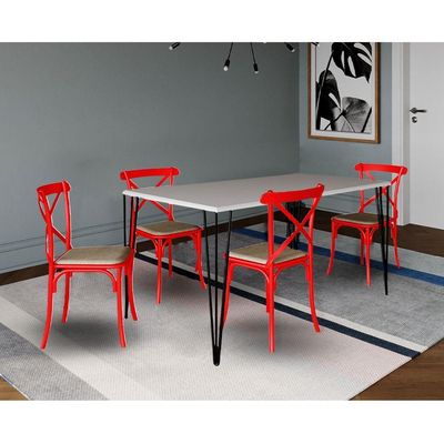 Conjunto De Mesa Elen Retangular Tampo De Madeira 140X80Cm Branco Com 4 Cadeiras Katrina Vermelha