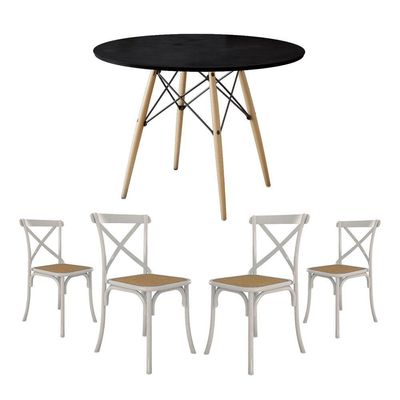 Conjunto De Mesa Eiffel Redondo Tampo De Madeira 110Cm Preto Com 4 Cadeiras Katrina Brancao