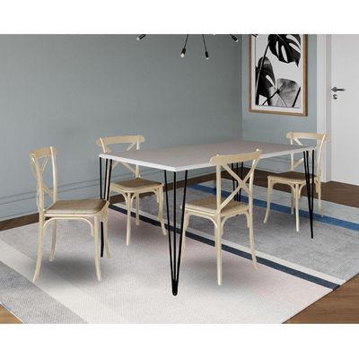 Conjunto De Mesa Elen Retangular Tampo De Madeira 140X80Cm Branco Com 4 Cadeiras Katrina Off White