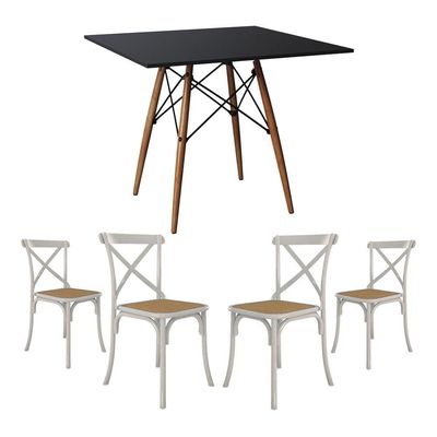 Jogo De Mesa Eiffel Quadrado Tampo De Madeira 90Cm Preto Com 4 Cadeiras Katrina Branca Assento Bege