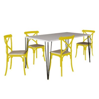 Jogo De Mesa Elen Retangular Tampo De Madeira 140X80Cm Branco Com 4 Cadeiras Katrina Amarelao