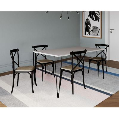 Conjunto De Mesa Elen Retangular Tampo De Madeira 140X80Cm Branco Com 4 Cadeiras Katrina Preto