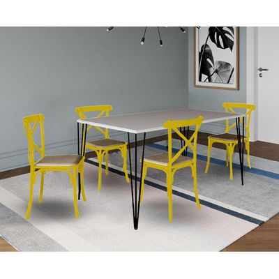 Conjunto De Mesa Elen Retangular Tampo De Madeira 140X80Cm Branco Com 4 Cadeiras Katrina Amarela