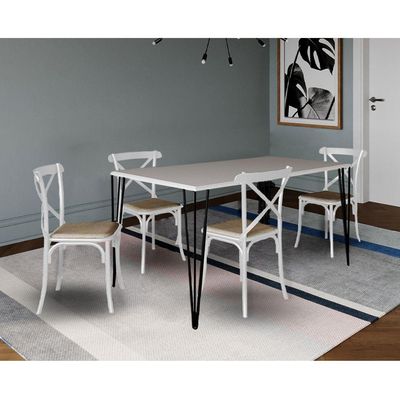 Conjunto De Mesa Elen Retangular Tampo De Madeira 140X80Cm Branco Com 4 Cadeiras Katrina Branca