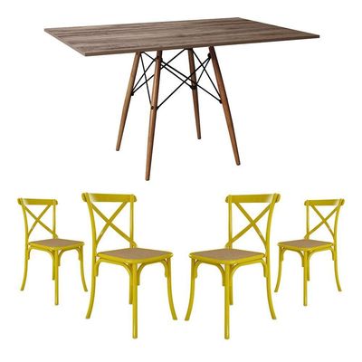 Jogo De Mesa Eiffel Retangular Tampo De Madeira 120X75Cm Amêndoa Com 4 Cadeiras Katrina Amarela