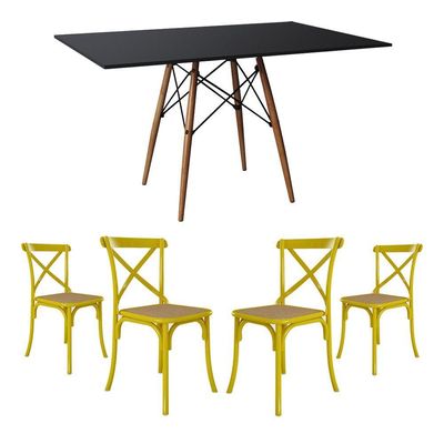 Jogo De Mesa Eiffel Retangular Tampo De Madeira 120X75Cm Preto Com 4 Cadeiras Katrina Amarela