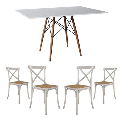Jogo De Mesa Eiffel Retangular Tampo De Madeira 120X75Cm Branco Com 4 Cadeiras Katrina Branca