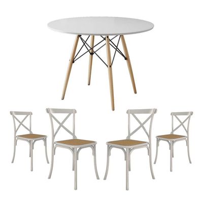 Jogo De Mesa Eiffel Redondo Tampo De Madeira 90Cm Branco Com 4 Cadeiras Katrina Branca Assento Bege