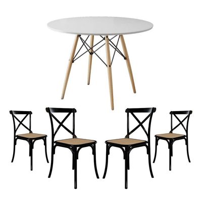 Jogo De Mesa Eiffel Redondo Tampo De Madeira 110Cm Branco Com 4 Cadeiras Katrina Preto Assento Bege