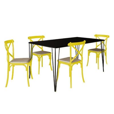 Jogo De Mesa Elen Retangular Tampo De Madeira 140X80Cm Preto Com 4 Cadeiras Katrina Amarela Assento