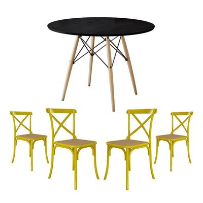Jogo De Mesa Eiffel Redondo Tampo De Madeira 110Cm Preto Com 4 Cadeiras Katrina Amarelao Bege