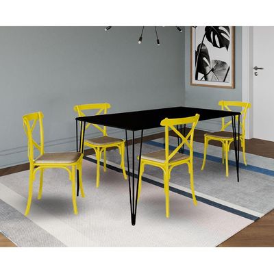 Jogo De Mesa Elen Retangular Tampo De Madeira 140X80Cm Preto Com 4 Cadeiras Katrina Amarela Assento