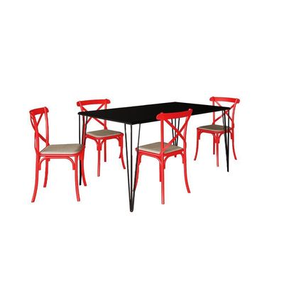 Jogo De Mesa Elen Retangular Tampo De Madeira 140X80Cm Preto Com 4 Cadeiras Katrina Vermelhao