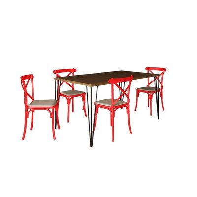 Jogo De Mesa Elen Retangular Tampo De Madeira 140X80Cm Amêndoa Com 4 Cadeiras Katrina Vermelha