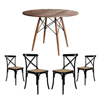 Jogo De Mesa Eiffel Redondo Tampo De Madeira 110Cm Amêndoa Com 4 Cadeiras Katrina Pretoo Bege