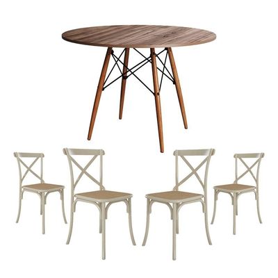 Jogo De Mesa Eiffel Redondo Tampo De Madeira 110Cm Amêndoa Com 4 Cadeiras Katrina Off White Assento