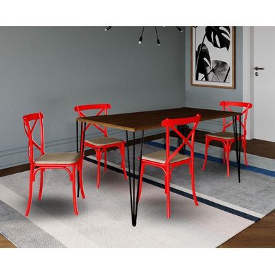 Jogo De Mesa Elen Retangular Tampo De Madeira 140X80Cm Amêndoa Com 4 Cadeiras Katrina Vermelha