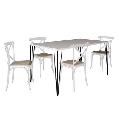 Jogo De Mesa Elen Retangular Tampo De Madeira 140X80Cm Branco Com 4 Cadeiras Katrina Branca Assento