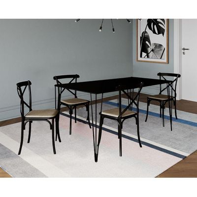 Jogo De Mesa Elen Retangular Tampo De Madeira 140X80Cm Preto Com 4 Cadeiras Katrina Pretoo Be