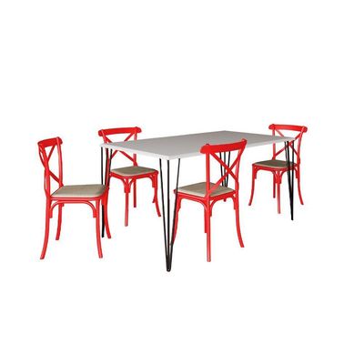 Jogo De Mesa Elen Retangular Tampo De Madeira 140X80Cm Branco Com 4 Cadeiras Katrina Vermelha