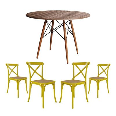 Jogo De Mesa Eiffel Redondo Tampo De Madeira 110Cm Amêndoa Com 4 Cadeiras Katrina Amarelao Be