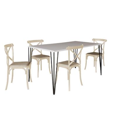 Jogo De Mesa Elen Retangular Tampo De Madeira 140X80Cm Branco Com 4 Cadeiras Katrina Off White