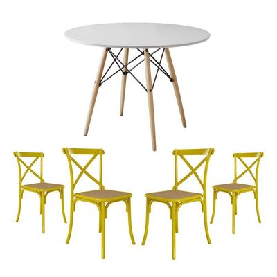 Jogo De Mesa Eiffel Redondo Tampo De Madeira 90Cm Branco Com 4 Cadeiras Katrina Amarelao Bege
