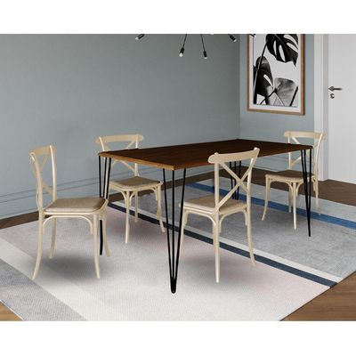 Jogo De Mesa Elen Retangular Tampo De Madeira 140X80Cm Amêndoa Com 4 Cadeiras Katrina Off White
