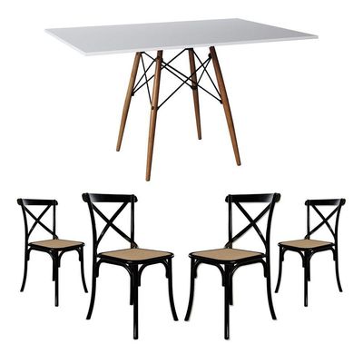 Conjunto De Mesa Eiffel Retangular Tampo De Madeira 120X75Cm Branco Com 4 Cadeiras Katrina Preto