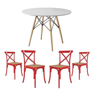 Jogo De Mesa Eiffel Redondo Tampo De Madeira 90Cm Branco Com 4 Cadeiras Katrina Vermelhao Beg