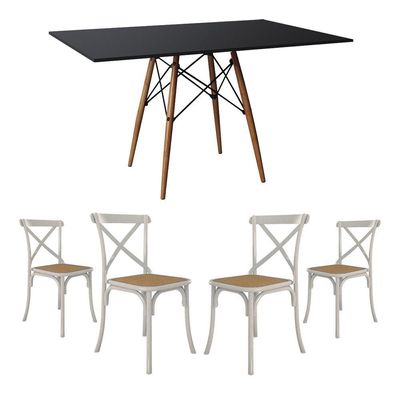 Conjunto De Mesa Eiffel Retangular Tampo De Madeira 120X75Cm Preto Com 4 Cadeiras Katrina Branca