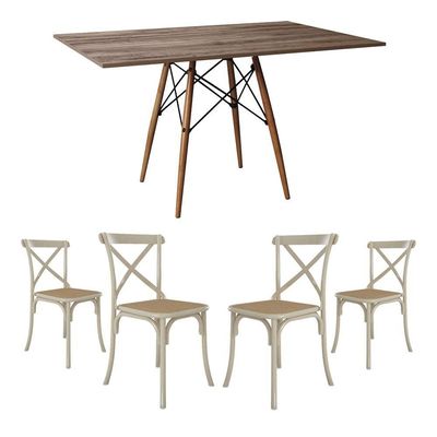 Conjunto De Mesa Eiffel Retangular Tampo De Madeira 120X75Cm Amêndoa Com 4 Cadeiras Katrina Off Whit