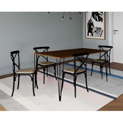 Jogo De Mesa Elen Retangular Tampo De Madeira 140X80Cm Amêndoa Com 4 Cadeiras Katrina Preto Assento